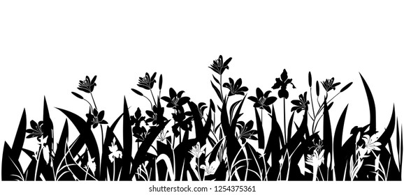 Silhouette of spring and summer forest and garden wild flowers isolated on white vector illustration of nature flowers and herbs in garden, Lily, iris, grass, black