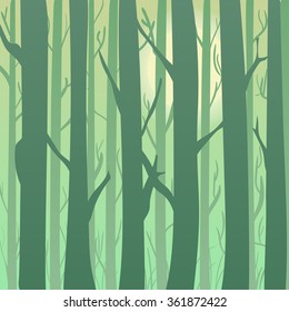 Silhouette of a spring and summer forest at sunrise, light green trees in the background. Background for greeting card and invitations.
