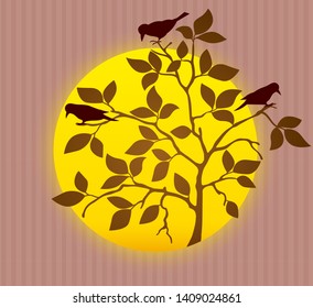 Silhouette of spring tree with rook birds, sitting on branches with leaves on background of sunset with circle of yellow sun. Eps10 vector illustration.