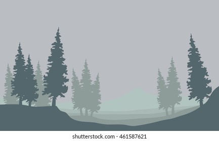 Silhouette of spruce in fog scenery illustration