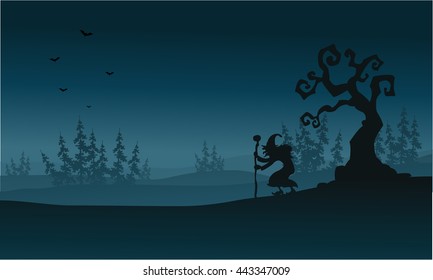 Silhouette of spruce fores and witch Halloween illustration