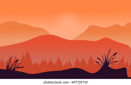 Silhouette of spruce forest with mountain background vector art