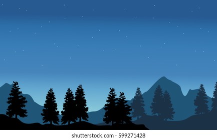 Silhouette of spruce with mountain background landscape