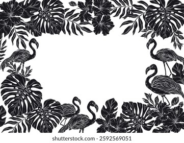 silhouette square frame adorned with pink flamingo and tropical palm leaves and flowers