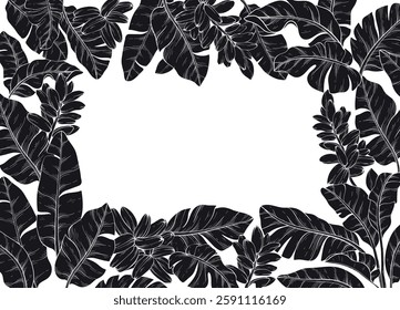 silhouette square frame adorned with Tropical vector banana palm leaves and flowers