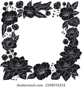 silhouette square frame with decorative flowers on white background
