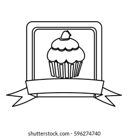 silhouette square frame with ribbon and cupcake vector illustration