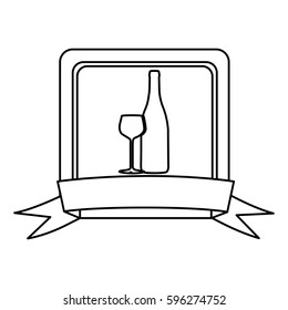 silhouette square frame with ribbon and glass cup and bottle icon vector illustration