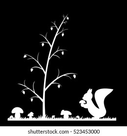 Silhouette of the squirrel in the autumn forest.