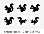 Silhouette of a squirrel in side profile, standing on hind legs, with a bushy tail curved upwards, simple and clean lines, suitable for vector format.