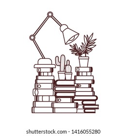 silhouette of stack of books and lamp on white background