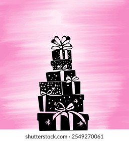 Silhouette of Stacked Wrapped Gift Boxes With Ribbons on a Pink Gradient Background, Perfect for Celebrations, Holidays, or Party Themes. A Festive and Stylish Vector Illustration.