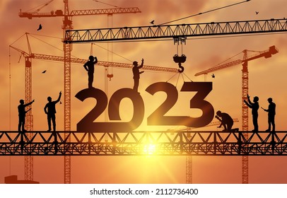 Silhouette staff works as a to prepare to welcome the new year 2023. Large construction site, many construction cranes set vector numbers 2023. Construction team sets numbers for New Year 2023.