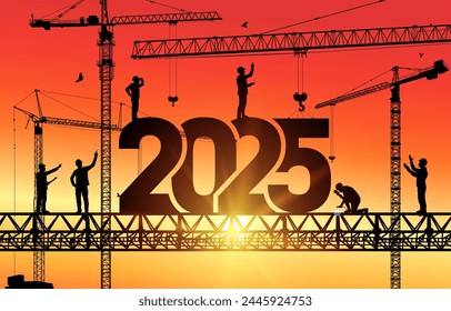 Silhouette staff works as a to prepare to welcome the new year 2025. Construction team sets numbers for New Year 2025. Large construction site, many construction cranes set vector numbers 2025.