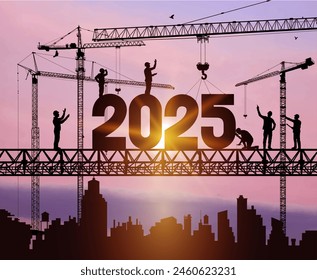 Silhouette staff works as a to prepare to welcome the new year 2025. Large construction site, many construction cranes set vector numbers 2025. Construction team sets numbers for New Year 2025