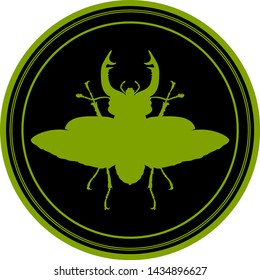 Silhouette of a stag beetle (Lucanus cervus) in black circle. Vector.