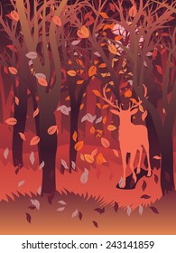 Silhouette of a stag in the forest at the autumn time.