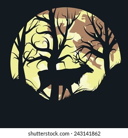 Silhouette of a stag in the forest over full moon background.