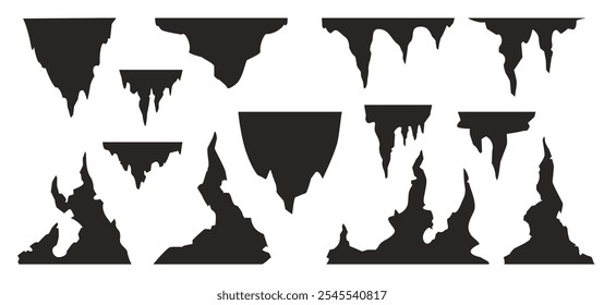 Silhouette stalagmites. Cartoon game asset of dark underground cave with stone formations, geology background elements. Vector stalactites and stalagmites set.