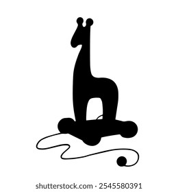 Silhouette, stamp, doodle of a children's toy giraffe on wheels. Vector graphics.