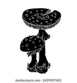 Silhouette, stamp of forest fly agaric mushrooms. Ornamental plants. Vector graphics.