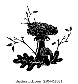 Silhouette, stamp of forest mushrooms with autumn leaves, dry branches. Vector graphics.