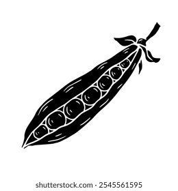 Silhouette, stamp of green pea pod. Decorative botanical element. Vector graphics.