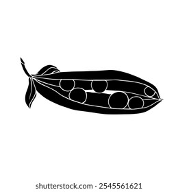 Silhouette, stamp of green pea pod. Decorative botanical element. Vector graphics.