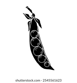 Silhouette, stamp of green pea pod. Decorative botanical element. Vector graphics.