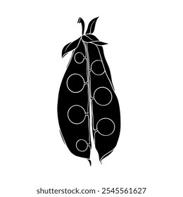 Silhouette, stamp of green pea pod. Decorative botanical element. Vector graphics.