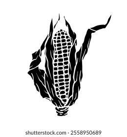 Silhouette, stamp of a head of corn. Decorative doodles of grain crops. Vector graphics.