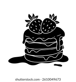 Silhouette, stamp of pastries, sweet pancakes with strawberries. Vector graphics.