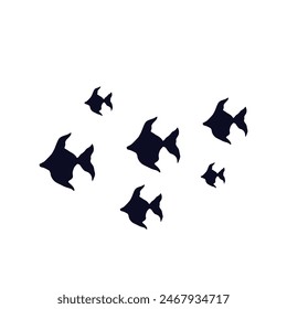 Silhouette, stamp of a school of sea fish. Vector graphics.