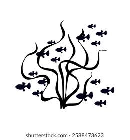 Silhouette, stamp of schools of small fish in seaweed. Vector graphics.
