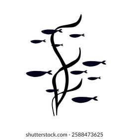 Silhouette, stamp of schools of small fish in seaweed. Vector graphics.
