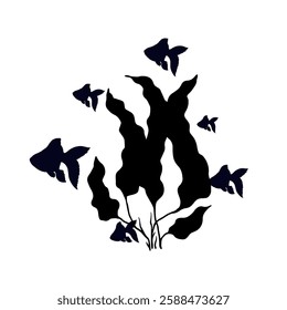 Silhouette, stamp of schools of small fish in seaweed. Vector graphics.
