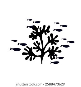 Silhouette, stamp of schools of small fish in seaweed. Vector graphics.
