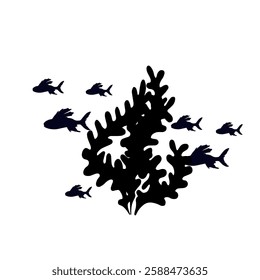 Silhouette, stamp of schools of small fish in seaweed. Vector graphics.
