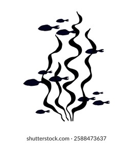 Silhouette, stamp of schools of small fish in seaweed. Vector graphics.
