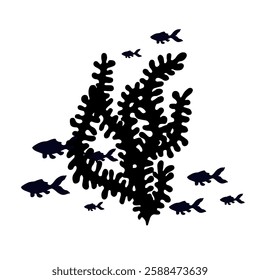 Silhouette, stamp of schools of small fish in seaweed. Vector graphics.
