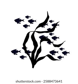 Silhouette, stamp of schools of small fish in seaweed. Vector graphics.
