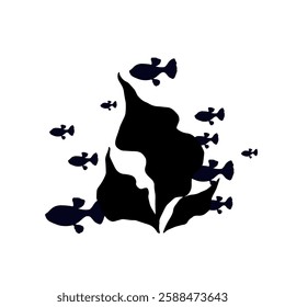 Silhouette, stamp of schools of small fish in seaweed. Vector graphics.
