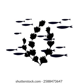 Silhouette, stamp of schools of small fish in seaweed. Vector graphics.
