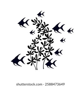 Silhouette, stamp of schools of small fish in seaweed. Vector graphics.
