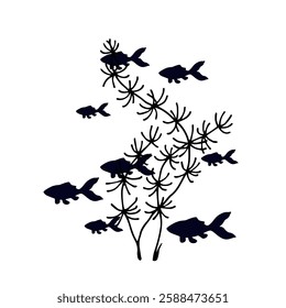 Silhouette, stamp of schools of small fish in seaweed. Vector graphics.
