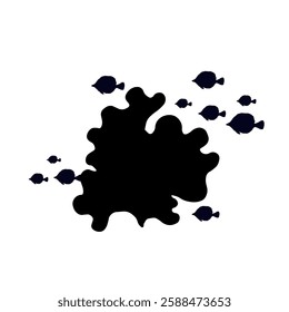 Silhouette, stamp of schools of small fish in seaweed. Vector graphics.
