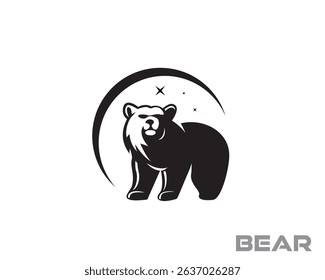 silhouette stand bear at circle moon with star logo design template illustration inspiration