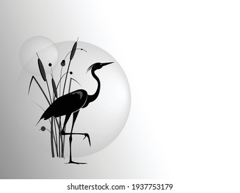 A silhouette of stand on one leg heron against the backdrop of a cattail bush and large sun circle. Vector drawing. 