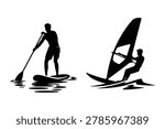 Silhouette of stand up paddleboarder and windsurfer on water with water sports