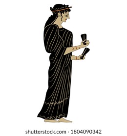 Silhouette of standing ancient Greek woman in long dress. Vase painting style.